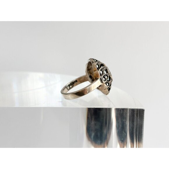 Aquamarine Semi-Precious Marcasite 925 Sterling Silver Vintage Ring - sz 6 - Picture 3 of 11
